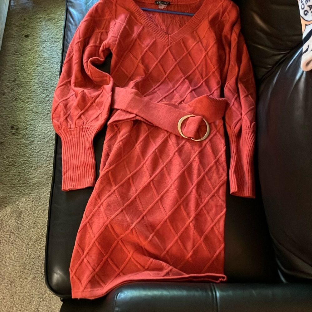 VENUS V-Neck Coral Sweater Dress